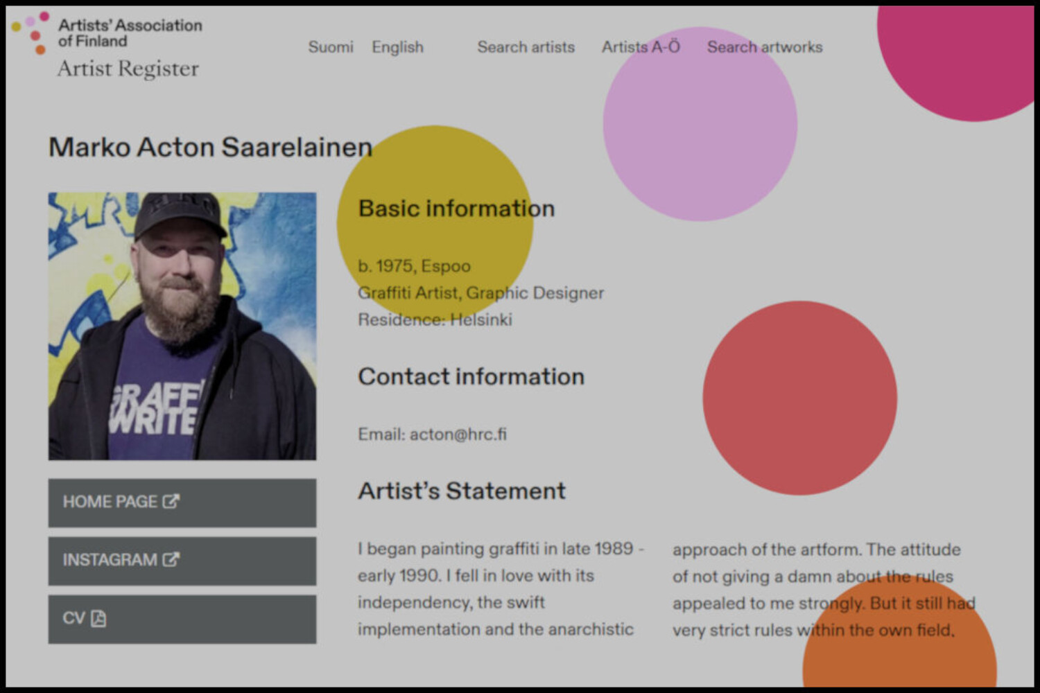 Screenshot from the Finnish Artist registry website.
